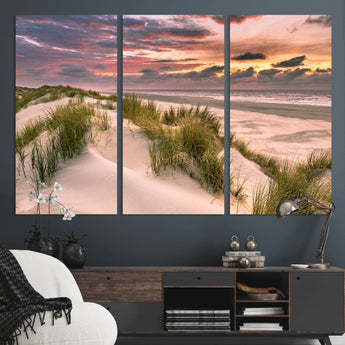 60570-MGV-CV-36X24-Beach Sunset Wall Art – Coastal Sand Dunes and Ocean Horizon Canvas Print, Tranquil Seascape Photography Decor for Living Room or