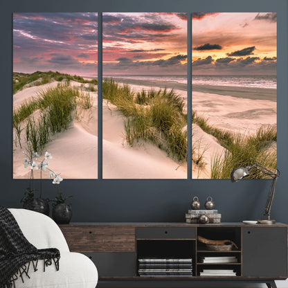60570-MGV-CV-36X24-Beach Sunset Wall Art – Coastal Sand Dunes and Ocean Horizon Canvas Print, Tranquil Seascape Photography Decor for Living Room or