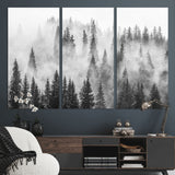 10422-MGV-CV-36X24-Misty Pine Forest Wall Art – Black and White Foggy Landscape Canvas Print, Serene Nature Woodland Decor for Bedroom, Office or