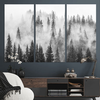 10422-MGV-CV-36X24-Misty Pine Forest Wall Art – Black and White Foggy Landscape Canvas Print, Serene Nature Woodland Decor for Bedroom, Office or