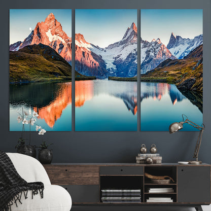 88453-MGV-CV-36X24-Mountain Lake Wall Art – Snow-Capped Peaks Reflected in Alpine Water Canvas Print, Nature Landscape Wall Decor for Living Room or