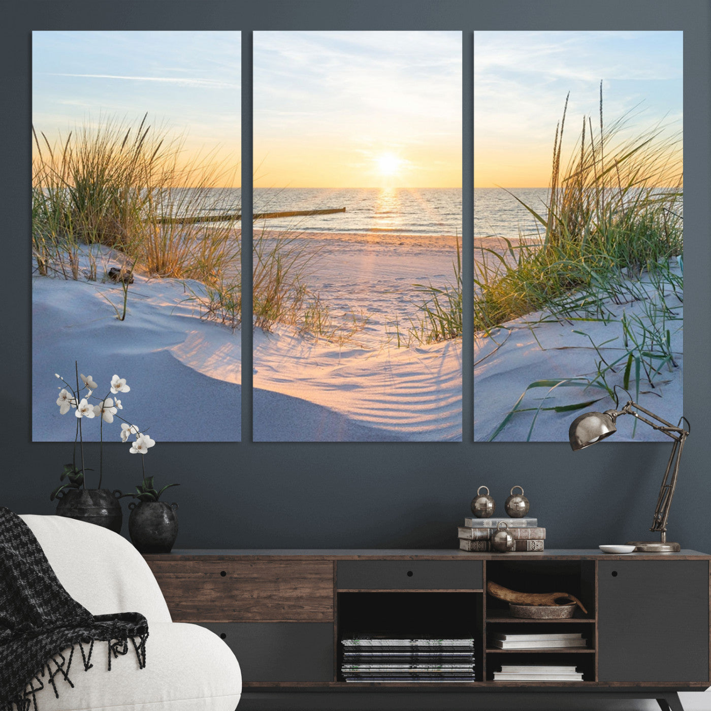 48907-MGV-CV-36X24-Beach Sunset Wall Art – Coastal Sand Dunes and Ocean View Canvas Print, Serene Seaside Landscape Painting for Living Room, Bedroom