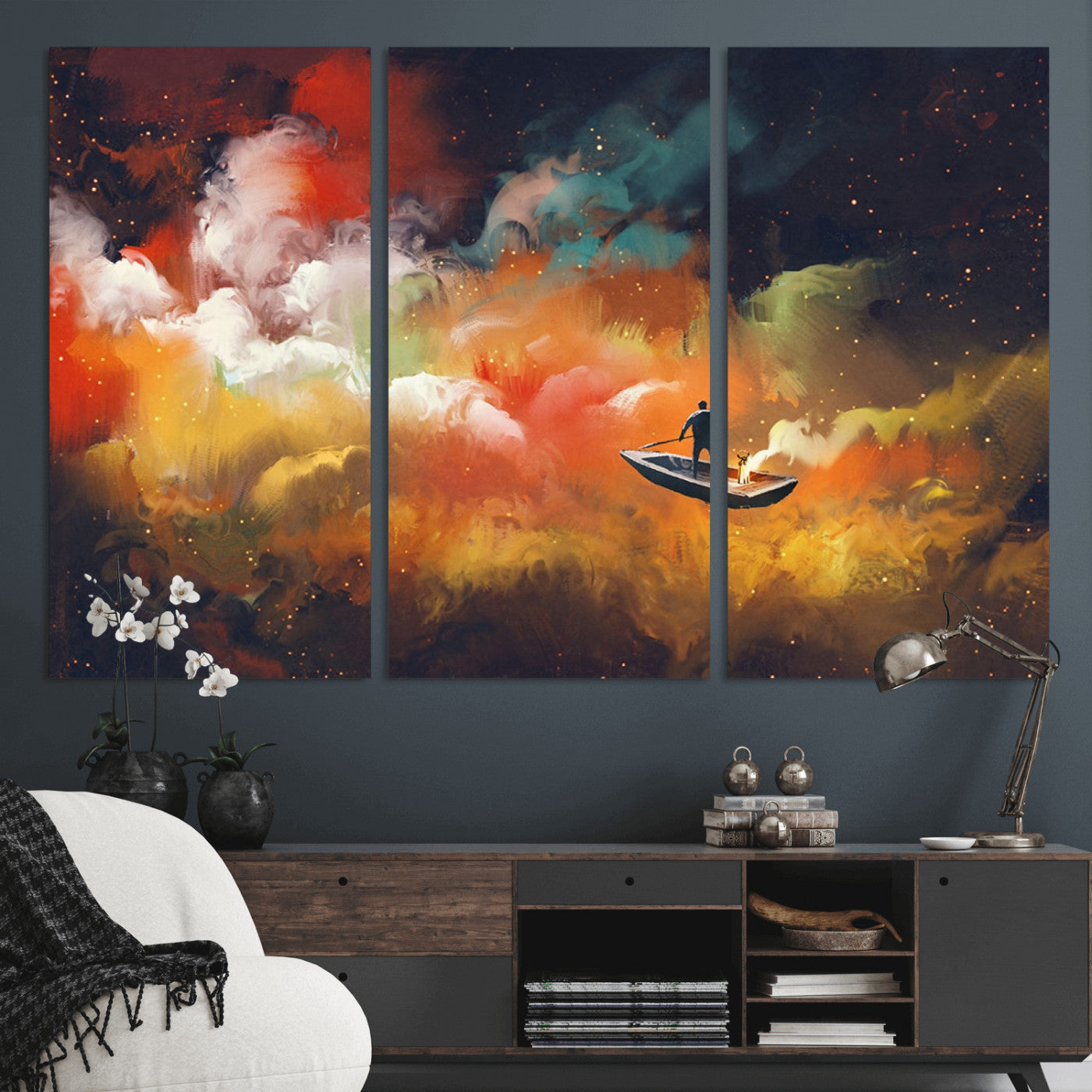 45085-MGV-CV-36X24-Surreal Cosmic Wall Art – Abstract Galaxy Dreamscape Canvas Print with Man and Dog in Boat, Fantasy Nebula Painting for Living