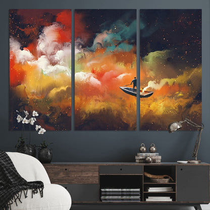 45085-MGV-CV-36X24-Surreal Cosmic Wall Art – Abstract Galaxy Dreamscape Canvas Print with Man and Dog in Boat, Fantasy Nebula Painting for Living