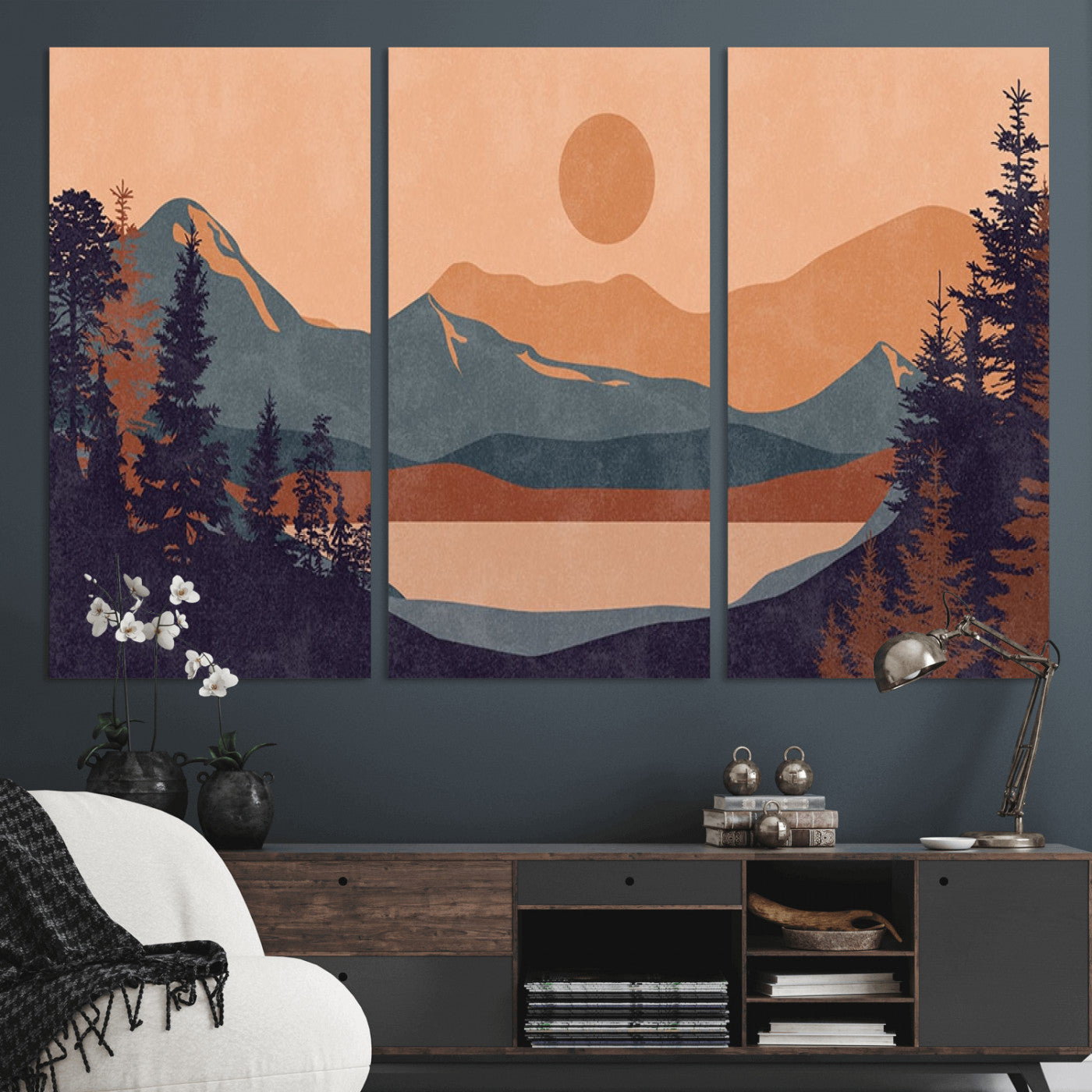 62795-MGV-CV-36X24-Minimalist Mountain Landscape Wall Art – Abstract Sunset Over Peaks and Pine Trees Canvas Print, Modern Nature Decor for Living