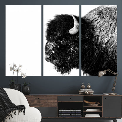 68780-MGV-CV-36X24-Bison Close-Up Wall Art – Black and White Buffalo Canvas Print, Rustic Wildlife Photography Decor for Living Room, Office, or