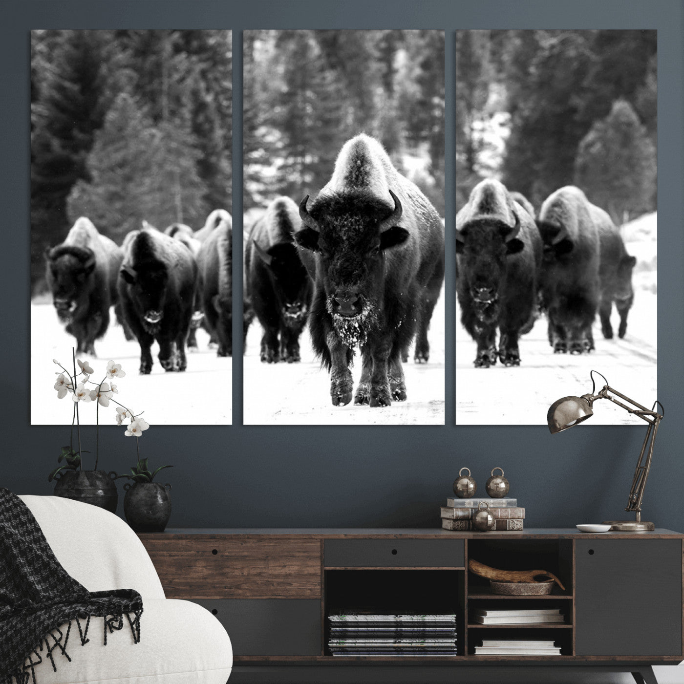 62434-MGV-CV-36X24-Bison Herd Wall Art – Majestic Black and White Buffalo Canvas Print, Wildlife Nature Photography Decor for Living Room, Office or