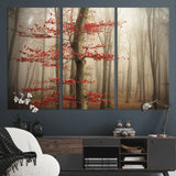 61855-MGV-CV-36X24-Misty Forest Wall Art – Red Tree with Autumn Leaves Canvas Print, Moody Woodland Nature Decor for Living Room, Bedroom, or Office