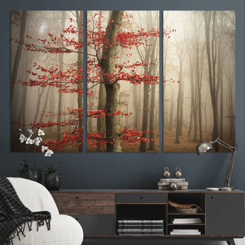 61855-MGV-CV-36X24-Misty Forest Wall Art – Red Tree with Autumn Leaves Canvas Print, Moody Woodland Nature Decor for Living Room, Bedroom, or Office