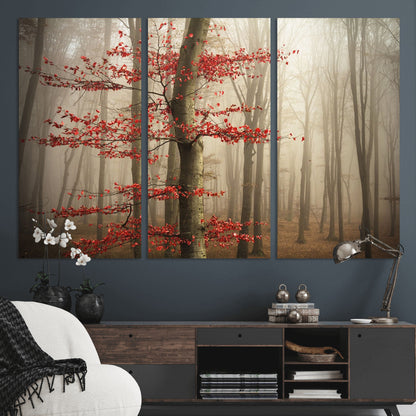 61855-MGV-CV-36X24-Misty Forest Wall Art – Red Tree with Autumn Leaves Canvas Print, Moody Woodland Nature Decor for Living Room, Bedroom, or Office