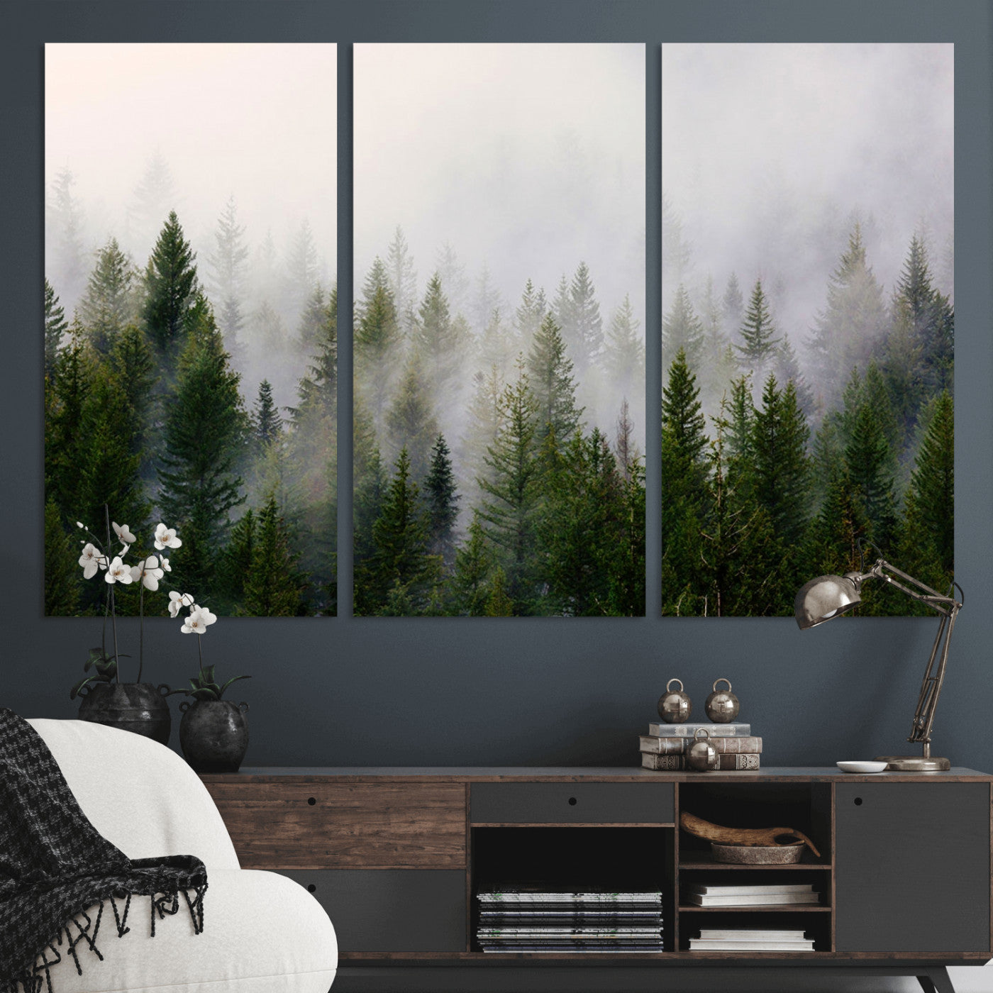 11436-MGV-CV-36X24-Misty Forest Wall Art – Tranquil Evergreen Tree Canvas Print with Foggy Landscape, Nature Inspired Artwork for Bedroom, Living