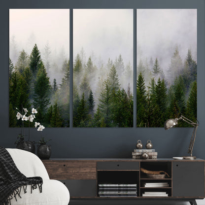 11436-MGV-CV-36X24-Misty Forest Wall Art – Tranquil Evergreen Tree Canvas Print with Foggy Landscape, Nature Inspired Artwork for Bedroom, Living