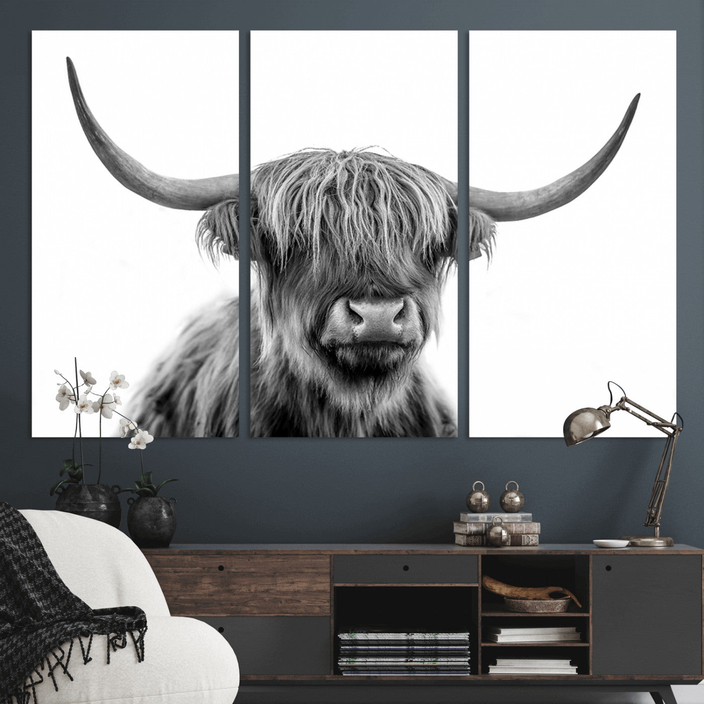 10123-MGV-CV-36X24-Black and White Highland Cow Wall Art – Modern Farmhouse Animal Print, Rustic Scottish Bull Canvas Decor for Living Room, Bedroom,