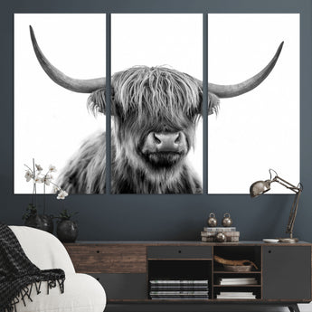 10123-MGV-CV-36X24-Black and White Highland Cow Wall Art – Modern Farmhouse Animal Print, Rustic Scottish Bull Canvas Decor for Living Room, Bedroom,