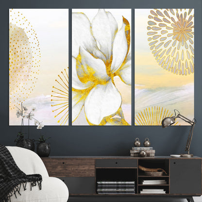 82301-MGV-CV-36X24-Modern Floral Wall Art – White Flower with Gold Detailing Canvas Print, Elegant Abstract Artwork for Living Room, Bedroom, or