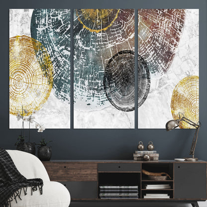 70653-MGV-CV-36X24-Abstract Tree Ring Wall Art – Modern Rustic Wood Slice Canvas Print with Gold Accents, Contemporary Nature Decor for Living Room,