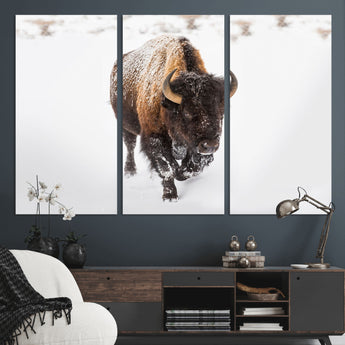 19889-MGV-CV-36X24-Snow Bison Wall Art – Majestic Buffalo Winter Landscape Canvas Print, Rustic Wildlife Photography Decor for Cabin, Lodge, Living
