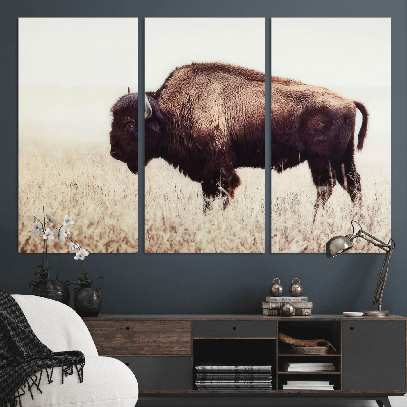 48406-MGV-CV-36X24-American Bison Wall Art – Rustic Buffalo Canvas Print in Prairie Field, Western Wildlife Photography Decor for Cabin, Lodge,