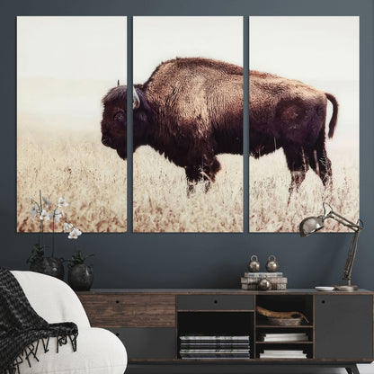 48406-MGV-CV-36X24-American Bison Wall Art – Rustic Buffalo Canvas Print in Prairie Field, Western Wildlife Photography Decor for Cabin, Lodge,