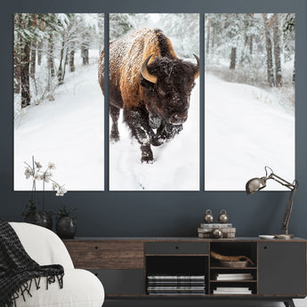 10109-MGV-CV-36X24-Majestic Bison Winter Wall Art – Snowy Forest Buffalo Canvas Print, Rustic Wildlife Photography Decor for Cabin, Lodge, Living