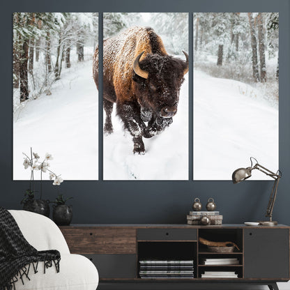 10109-MGV-CV-36X24-Majestic Bison Winter Wall Art – Snowy Forest Buffalo Canvas Print, Rustic Wildlife Photography Decor for Cabin, Lodge, Living