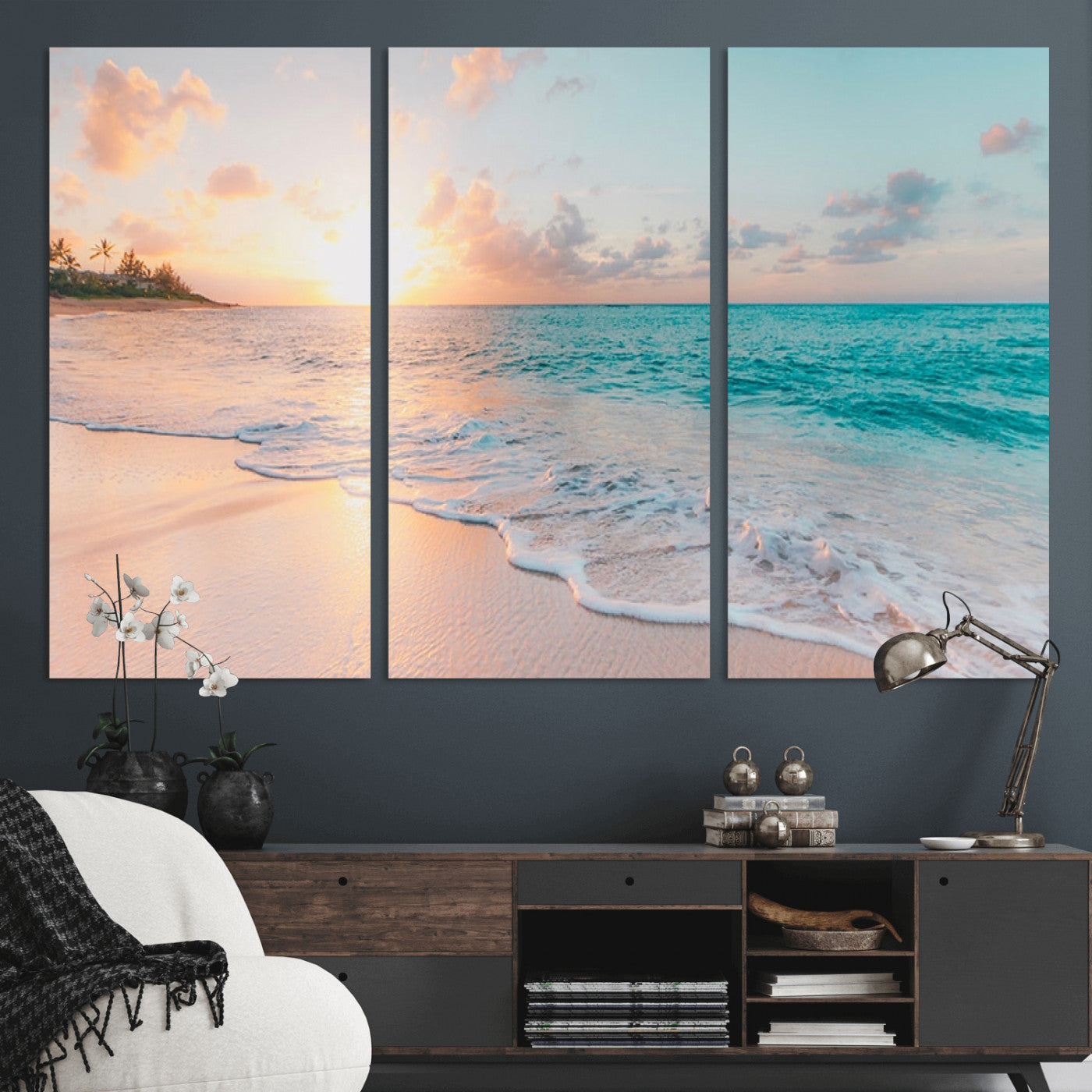 36554-MGV-CV-36X24-Tropical Beach Sunset Wall Art – Ocean Waves and Palm Canvas Print, Coastal Seascape Photography Decor for Living Room, Bedroom,