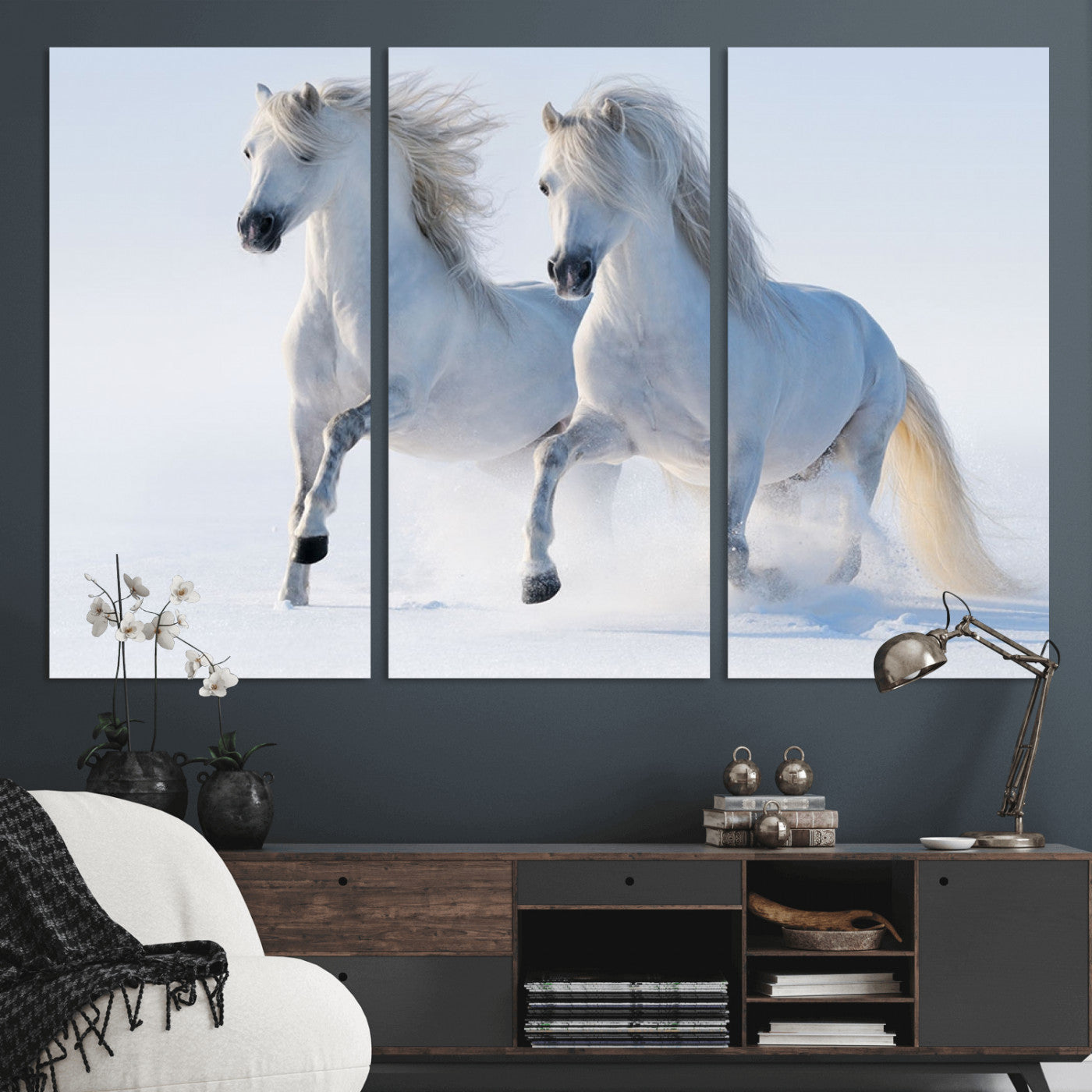80145-MGV-CV-36X24-White Horses Running Snow Wall Art – Majestic Equine Canvas Print, Winter Nature Photography Decor for Living Room, Office,