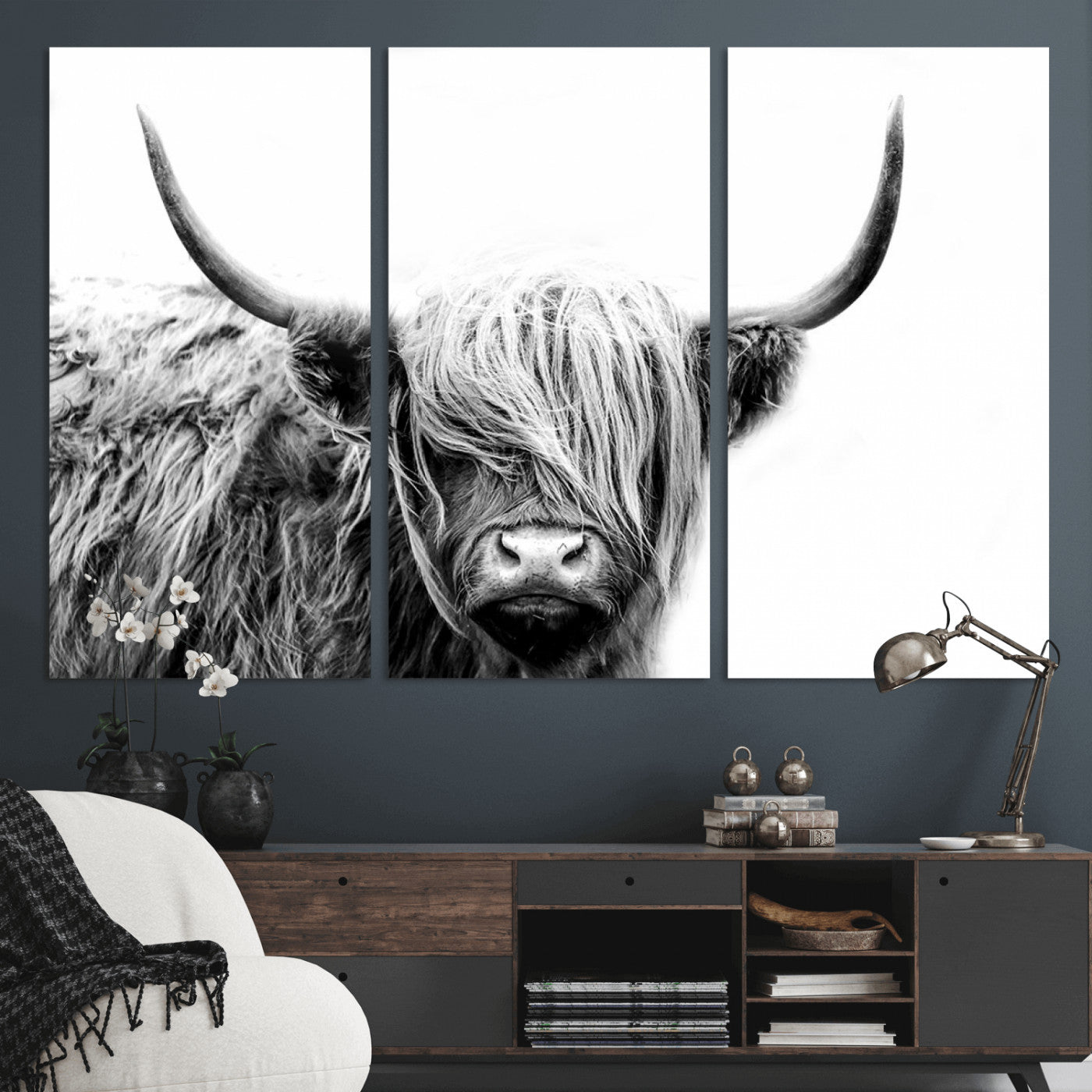 51957-MGV-CV-36X24-Highland Cow Wall Art – Black and White Scottish Highland Bull Canvas Print, Rustic Farmhouse Animal Decor for Living Room,