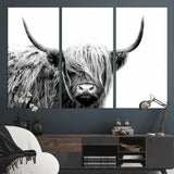 51957-MGV-CV-36X24-Highland Cow Wall Art – Black and White Scottish Highland Bull Canvas Print, Rustic Farmhouse Animal Decor for Living Room,