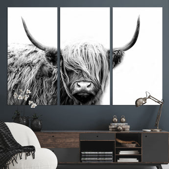51957-MGV-CV-36X24-Highland Cow Wall Art – Black and White Scottish Highland Bull Canvas Print, Rustic Farmhouse Animal Decor for Living Room,