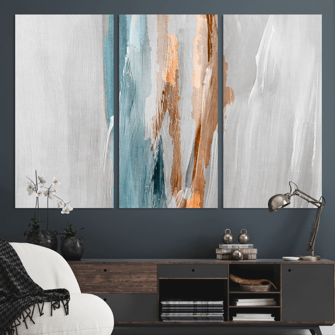 66154-MGV-CV-36X24-Abstract Brushstroke Wall Art – Modern Teal and Gold Canvas Print, Minimalist Contemporary Painting for Living Room, Bedroom, or