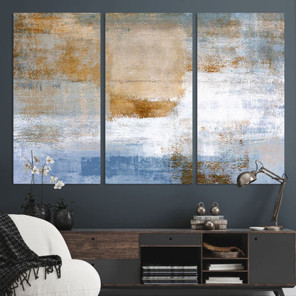 72354-MGV-CV-36X24-Blue and Gold Abstract Wall Art – Modern Minimalist Canvas Print, Textured Contemporary Painting for Living Room, Bedroom, or