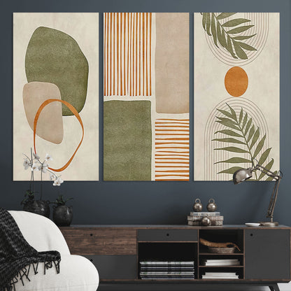 96002-MGV-CV-36X24-Abstract Geometric Wall Art – Modern Canvas Print with Green, Orange & Beige Shapes, Minimalist Home Decor for Living Room, Office