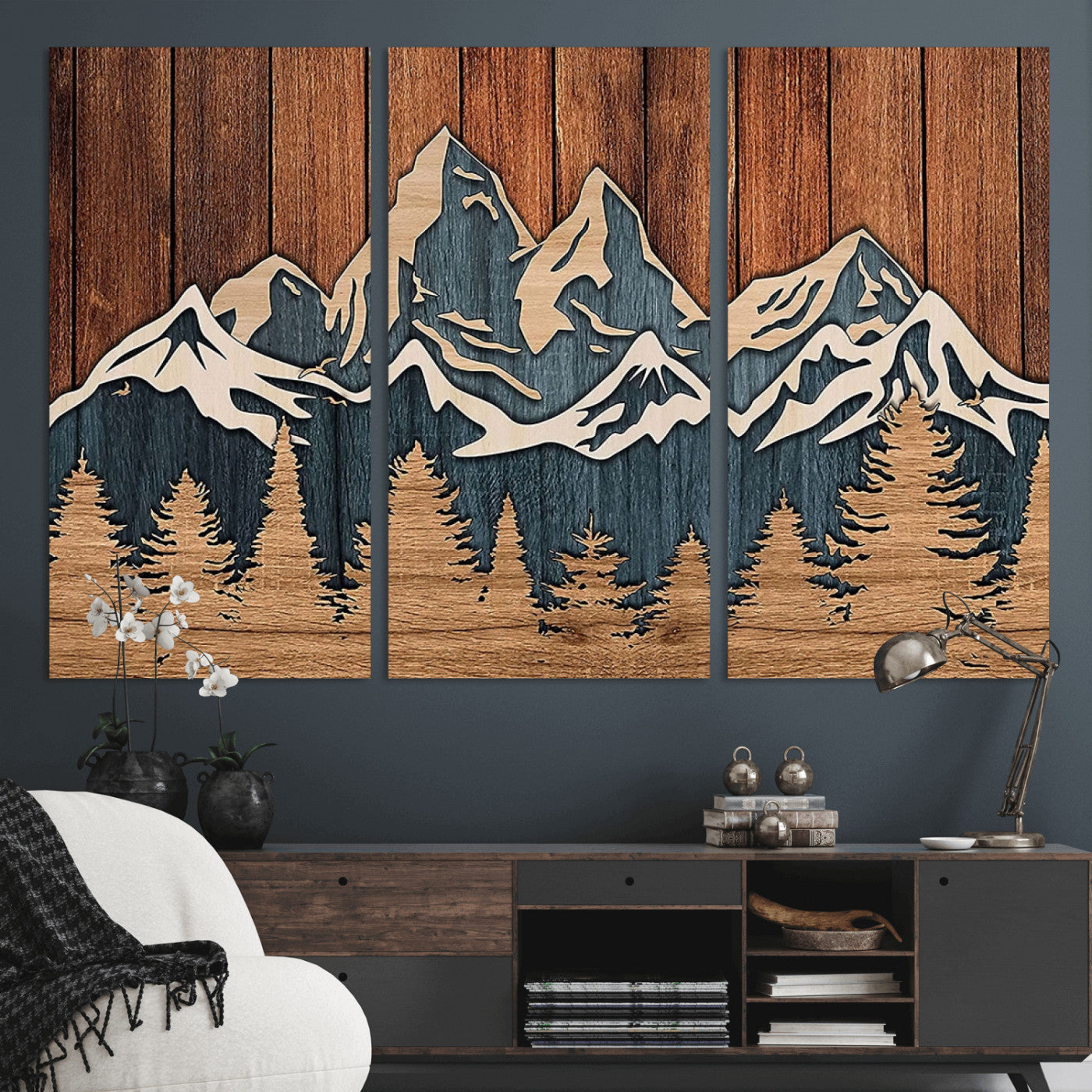 41330-MGV-CV-36X24-Rustic Mountain Wall Art – Wooden Nature Scene with Trees and Peaks, Handmade 3D Layered Decor for Living Room, Cabin or Office