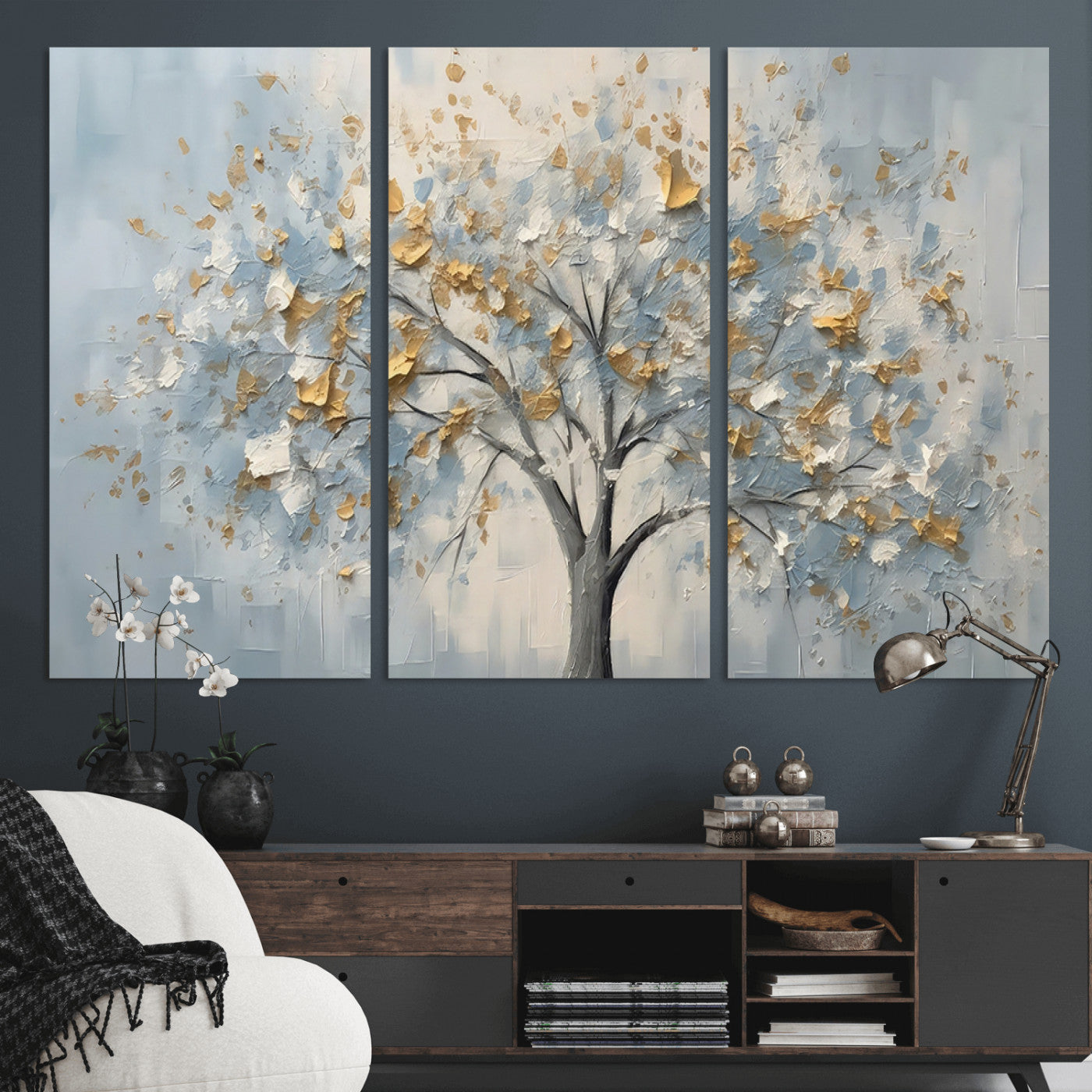 65811-MGV-CV-36X24-Abstract Tree Wall Art – Textured Canvas Painting with Gold and White Leaves, Modern Nature Inspired Decor for Living Room or