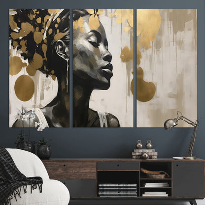 65669-MGV-CV-36X24-Elegant Black Woman Wall Art – Modern Abstract Portrait Canvas with Gold Accents, Contemporary Afrocentric Decor for Living Room