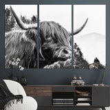 61570-MGV-CV-36X24-Highland Cow Wall Art – Black and White Scottish Bull Canvas Print, Rustic Farmhouse Animal Decor for Living Room, Bedroom, or