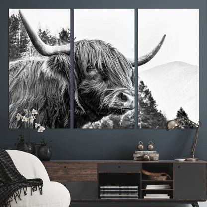 61570-MGV-CV-36X24-Highland Cow Wall Art – Black and White Scottish Bull Canvas Print, Rustic Farmhouse Animal Decor for Living Room, Bedroom, or