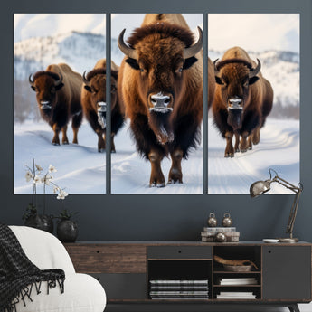 56701-MGV-CV-36X24-Bison Herd Wall Art – Buffalo Walking in Snowy Mountains Canvas Print, Rustic Wildlife Decor for Cabin, Lodge, or Living Room