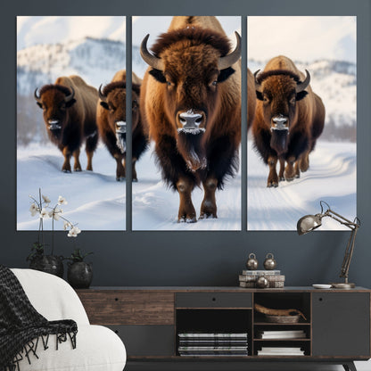56701-MGV-CV-36X24-Bison Herd Wall Art – Buffalo Walking in Snowy Mountains Canvas Print, Rustic Wildlife Decor for Cabin, Lodge, or Living Room