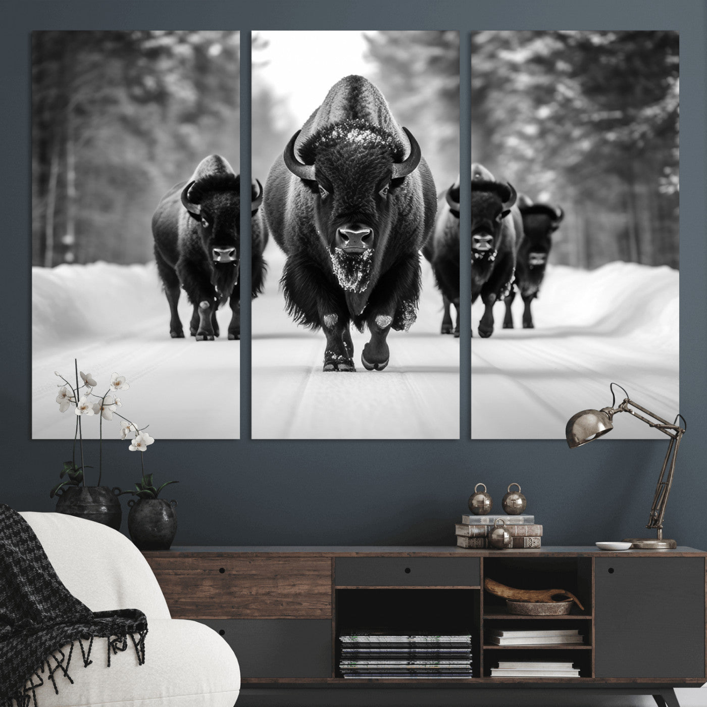 45287-MGV-CV-36X24-Bison Herd Wall Art – Black and White Buffalo Snow Road Canvas Print, Rustic Wildlife Decor for Cabin, Lodge or Living Room