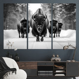 45287-MGV-CV-36X24-Bison Herd Wall Art – Black and White Buffalo Snow Road Canvas Print, Rustic Wildlife Decor for Cabin, Lodge or Living Room