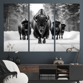 45287-MGV-CV-36X24-Bison Herd Wall Art – Black and White Buffalo Snow Road Canvas Print, Rustic Wildlife Decor for Cabin, Lodge or Living Room