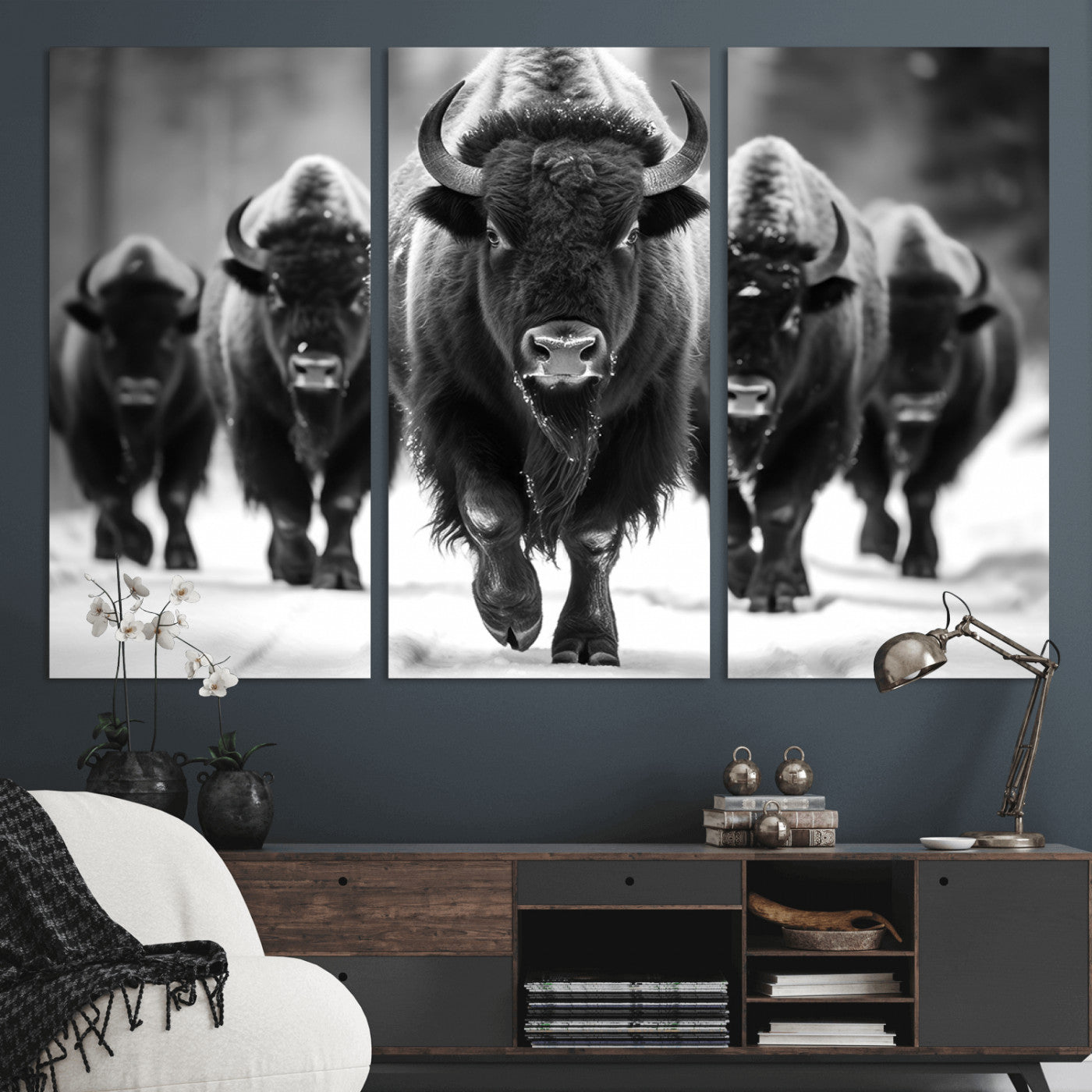 79872-MGV-CV-36X24-Bison Herd Wall Art – Black and White Buffalo on Snow Canvas Print, Rustic Wildlife Decor for Lodge, Cabin, or Living Room