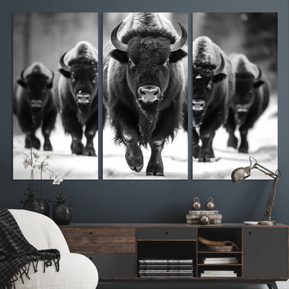 79872-MGV-CV-36X24-Bison Herd Wall Art – Black and White Buffalo on Snow Canvas Print, Rustic Wildlife Decor for Lodge, Cabin, or Living Room