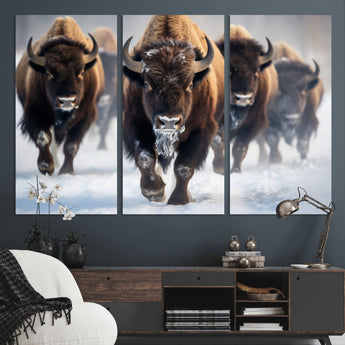 80512-MGV-CV-36X24-Bison Herd Wall Art – Buffalo Running in Snow Canvas Print, Rustic Wildlife Photography Decor for Cabin, Lodge, or Living Room