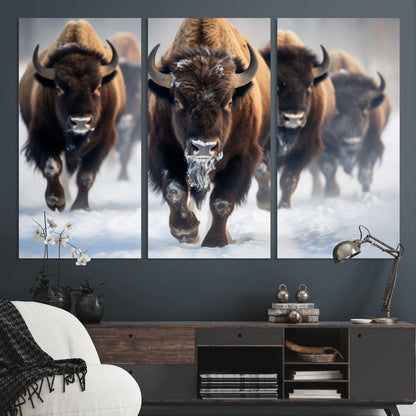 80512-MGV-CV-36X24-Bison Herd Wall Art – Buffalo Running in Snow Canvas Print, Rustic Wildlife Photography Decor for Cabin, Lodge, or Living Room