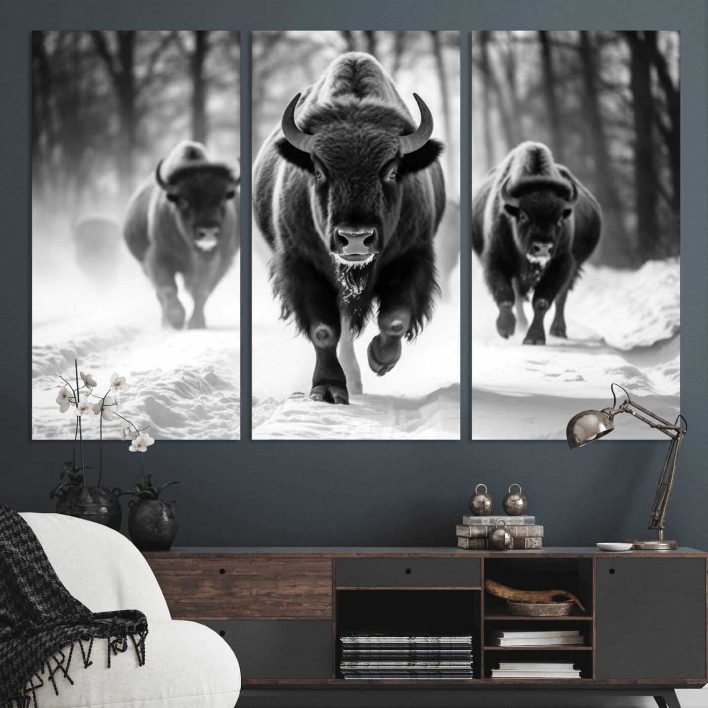 97552-MGV-CV-36X24-Black and White Bison Wall Art – Buffalo Herd Running in Snow Canvas Print, Rustic Wildlife Photography Decor for Cabin, Lodge, or