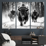97552-MGV-CV-36X24-Black and White Bison Wall Art – Buffalo Herd Running in Snow Canvas Print, Rustic Wildlife Photography Decor for Cabin, Lodge, or