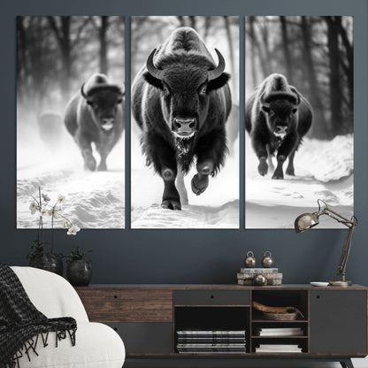 97552-MGV-CV-36X24-Black and White Bison Wall Art – Buffalo Herd Running in Snow Canvas Print, Rustic Wildlife Photography Decor for Cabin, Lodge, or